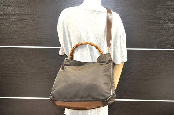 Authentic GUCCI Bamboo 2Way Shoulder Hand Bag Nylon Leather Khaki Green 0141G
