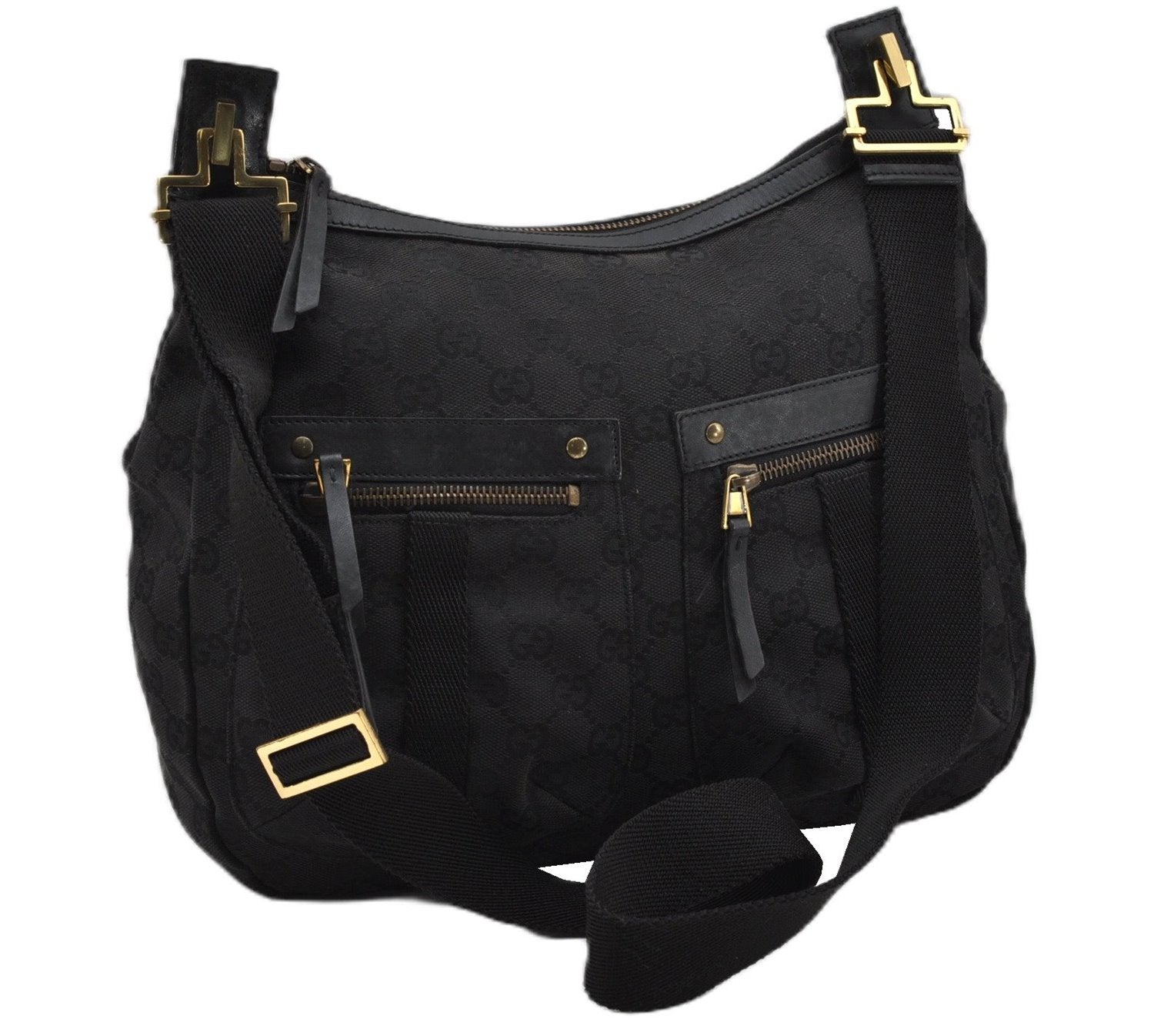 Authentic GUCCI Shoulder Cross Body Bag GG Canvas Leather 90762 Black 0142G