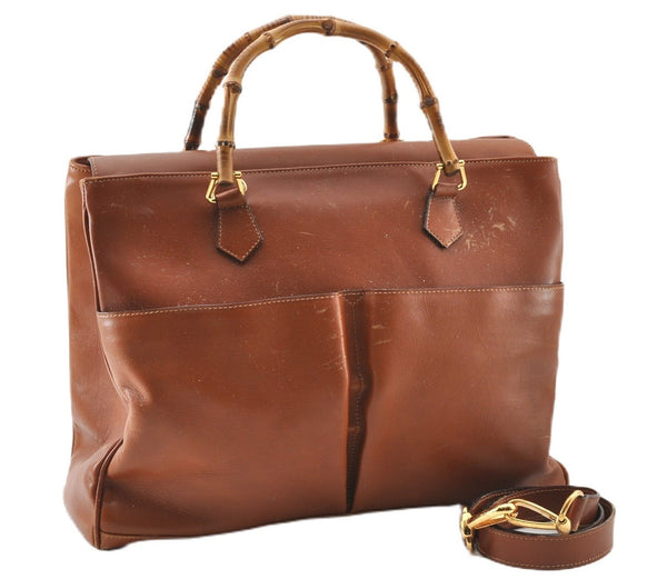Authentic GUCCI Vintage Bamboo 2Way Shoulder Hand Bag Leather Brown Junk 0144G