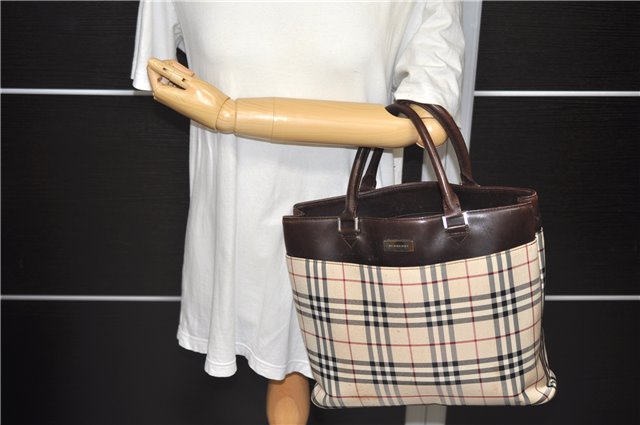 Auth BURBERRY Vintage Nova Check Nylon Leather Tote Hand Bag Beige Brown 0149D