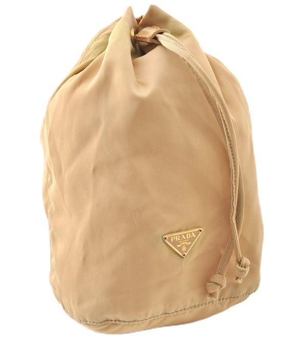 Authentic PRADA Nylon Tessuto Leather Drawstring Pouch Purse Light Brown 0151G