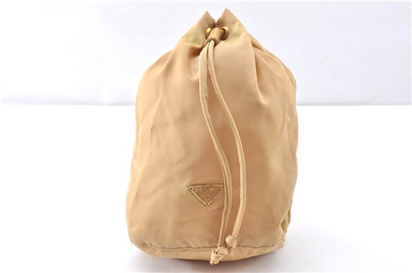 Authentic PRADA Nylon Tessuto Leather Drawstring Pouch Purse Light Brown 0151G