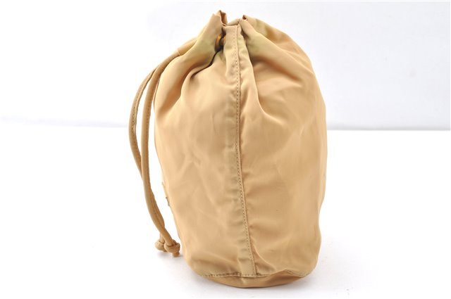 Authentic PRADA Nylon Tessuto Leather Drawstring Pouch Purse Light Brown 0151G