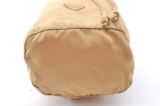 Authentic PRADA Nylon Tessuto Leather Drawstring Pouch Purse Light Brown 0151G