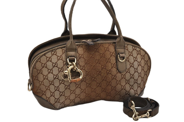 Authentic GUCCI Heart Bit 2Way Shoulder Hand Bag GG Canvas Leather Gold 0158G