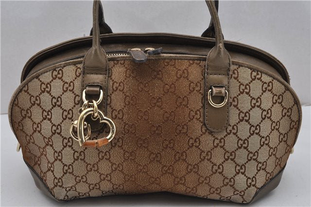 Authentic GUCCI Heart Bit 2Way Shoulder Hand Bag GG Canvas Leather Gold 0158G