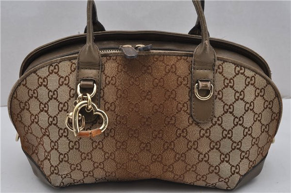 Authentic GUCCI Heart Bit 2Way Shoulder Hand Bag GG Canvas Leather Gold 0158G