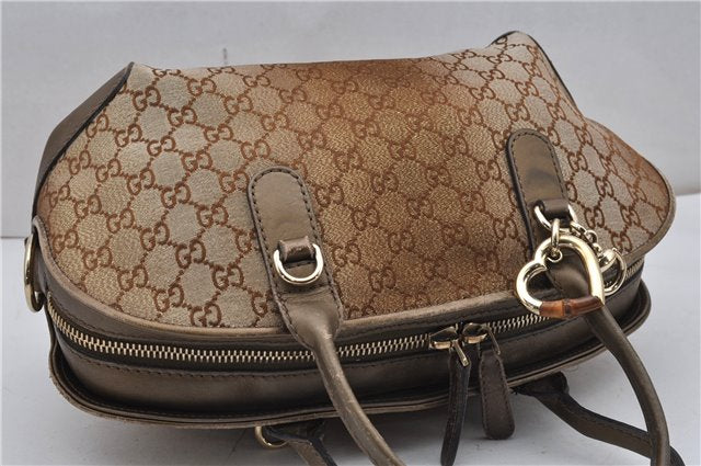 Authentic GUCCI Heart Bit 2Way Shoulder Hand Bag GG Canvas Leather Gold 0158G