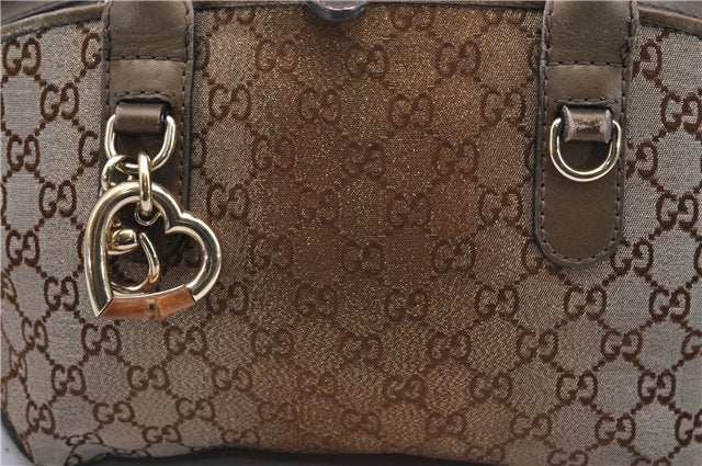 Authentic GUCCI Heart Bit 2Way Shoulder Hand Bag GG Canvas Leather Gold 0158G
