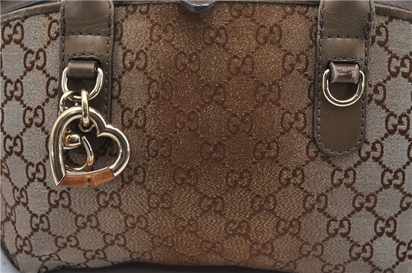 Authentic GUCCI Heart Bit 2Way Shoulder Hand Bag GG Canvas Leather Gold 0158G