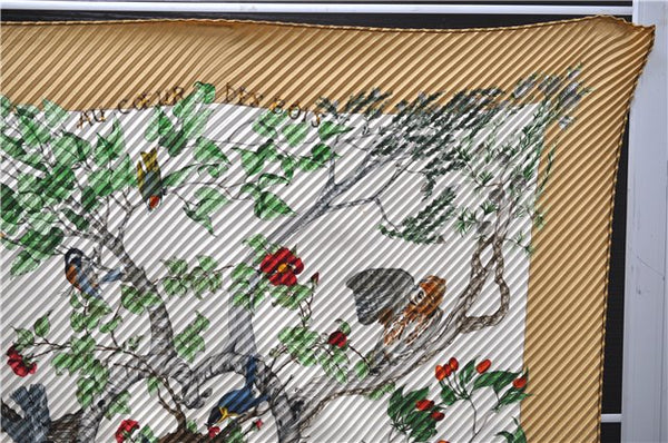 Authentic HERMES Pleats Scarf "AU COEUR DES BOIS" Silk Beige Box 0163E