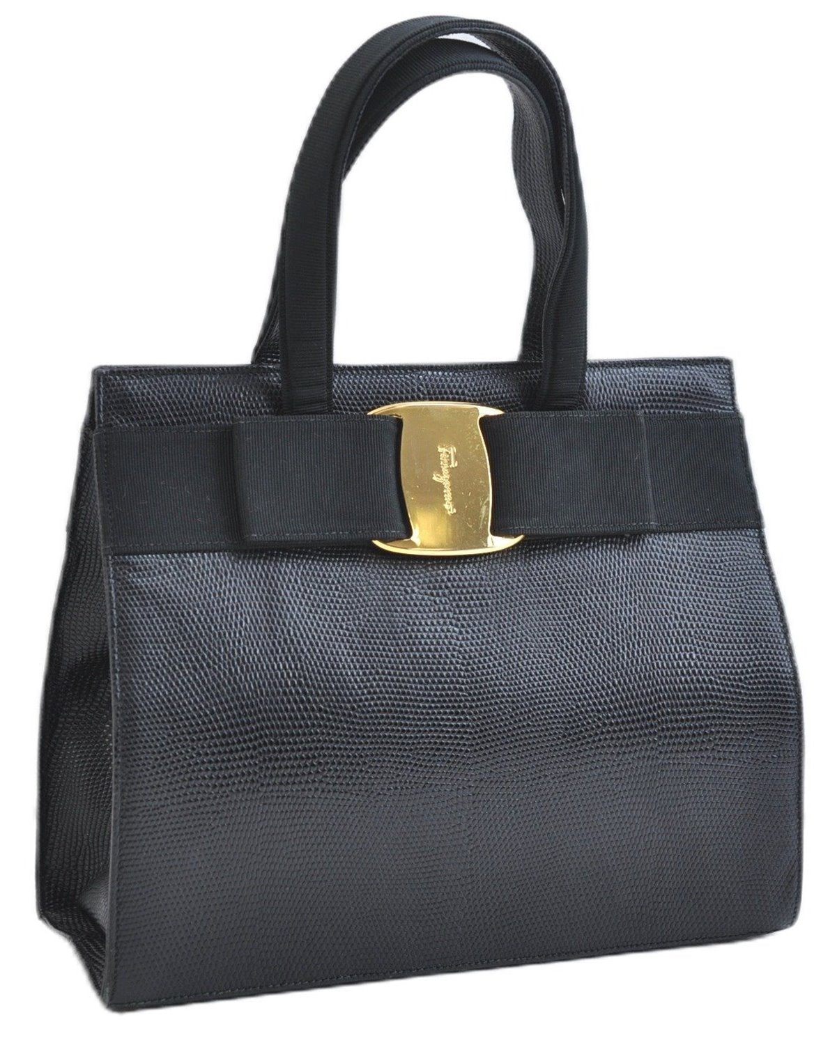 Authentic Salvatore Ferragamo Vara Ribbon Leather 2Way Hand Bag Black SF 0186F