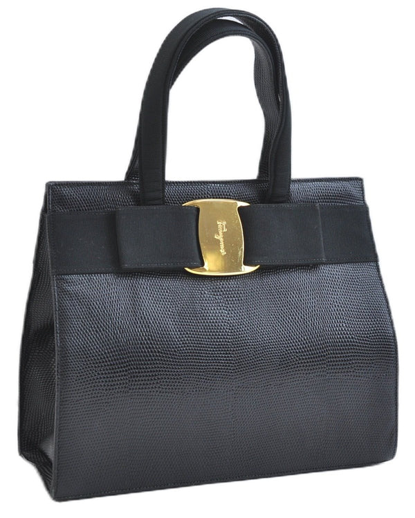 Authentic Salvatore Ferragamo Vara Ribbon Leather 2Way Hand Bag Black SF 0186F