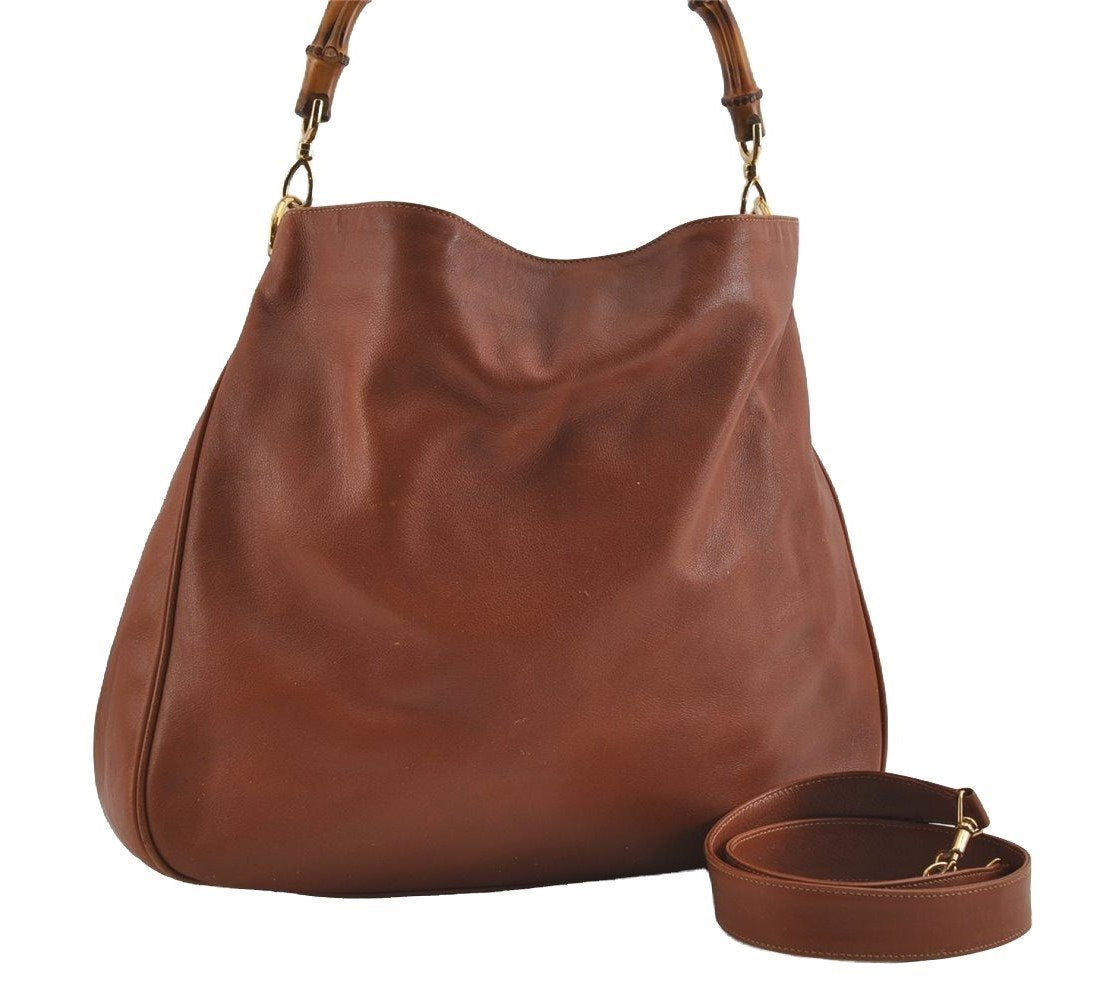 Authentic GUCCI Vintage Bamboo 2Way Shoulder Hand Bag Leather Brown Junk 0194I