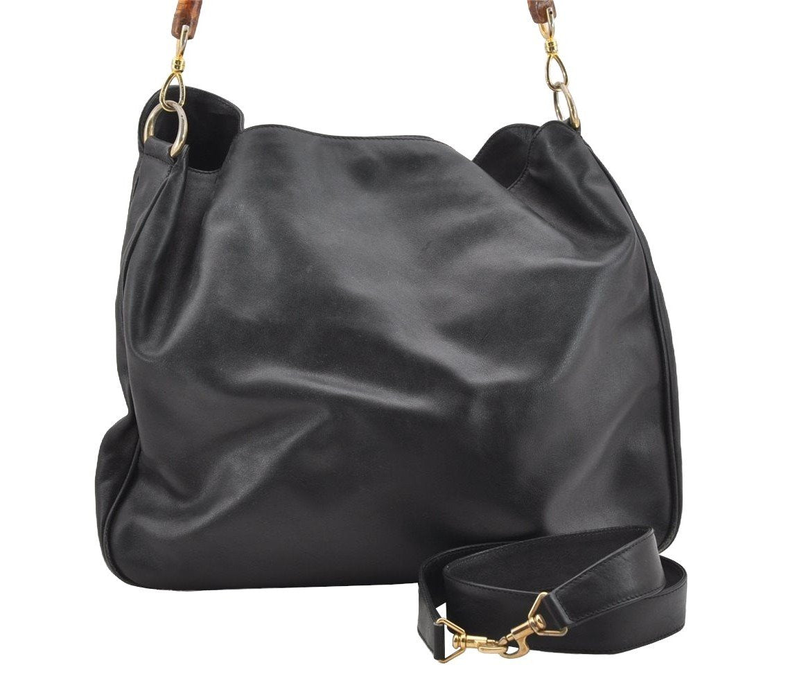 Authentic GUCCI Vintage Bamboo 2Way Shoulder Tote Bag Leather Black Junk 0198I