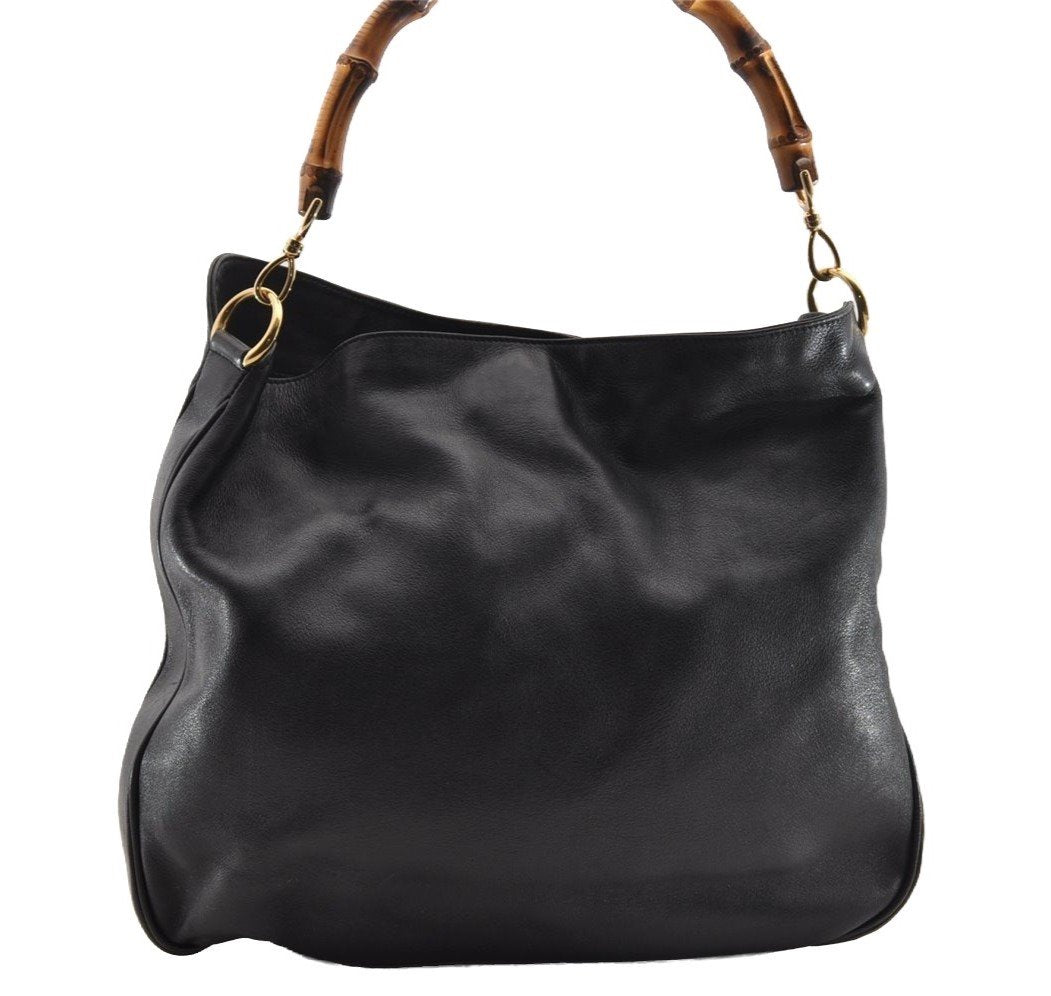 Authentic GUCCI Bamboo Shoulder Tote Bag Leather 0011577 Black Junk 0200I