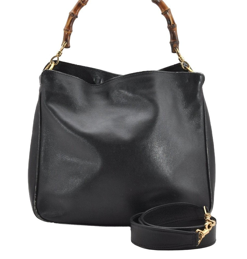 Authentic GUCCI Vintage Bamboo 2way Shoulder Hand Bag Leather Black Junk 0201I