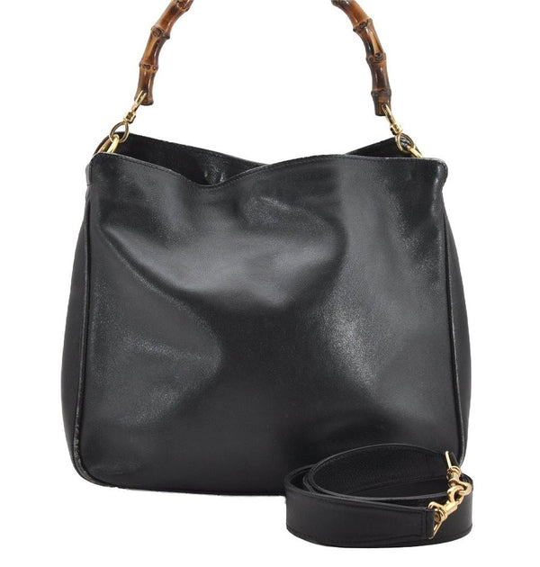 Authentic GUCCI Vintage Bamboo 2way Shoulder Hand Bag Leather Black Junk 0201I