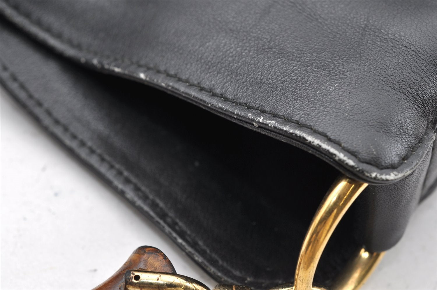 Authentic GUCCI Vintage Bamboo 2way Shoulder Hand Bag Leather Black Junk 0201I