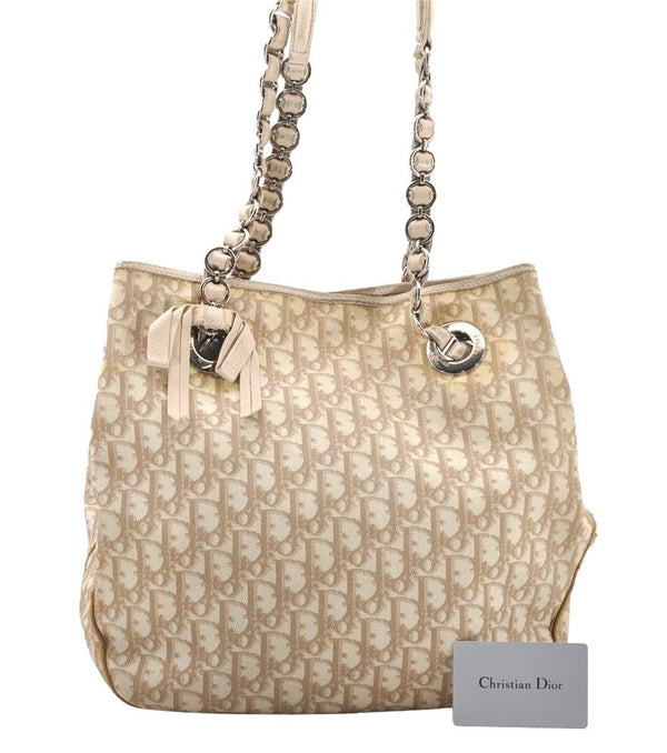 Authentic Christian Dior Trotter Romantic Tote Bag PVC Leather Beige 0206I