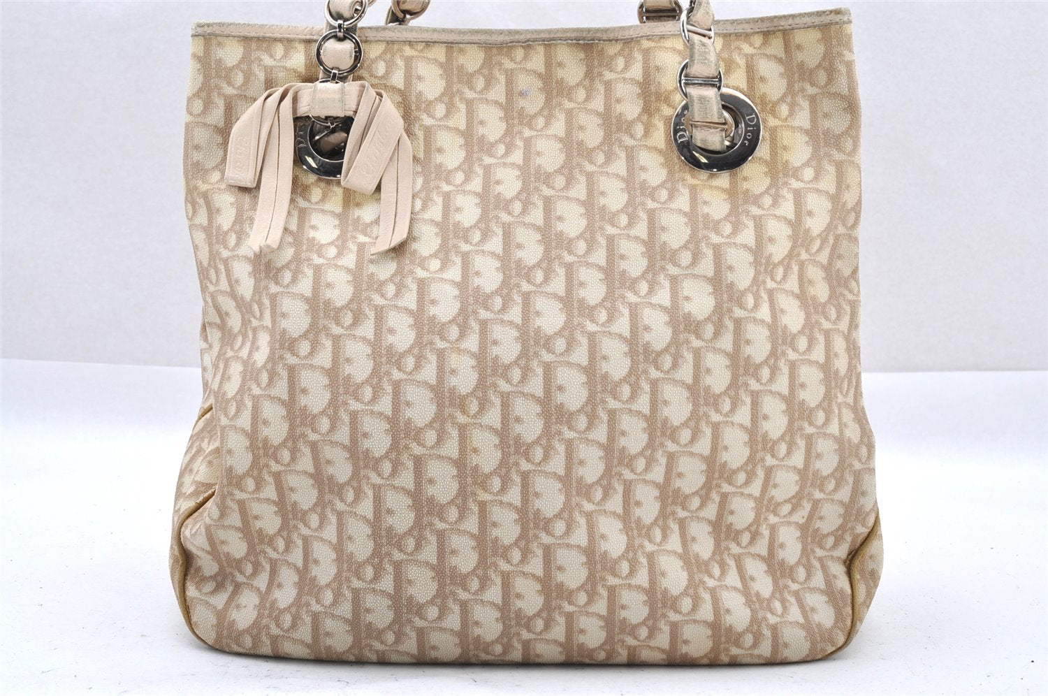 Authentic Christian Dior Trotter Romantic Tote Bag PVC Leather Beige 0206I