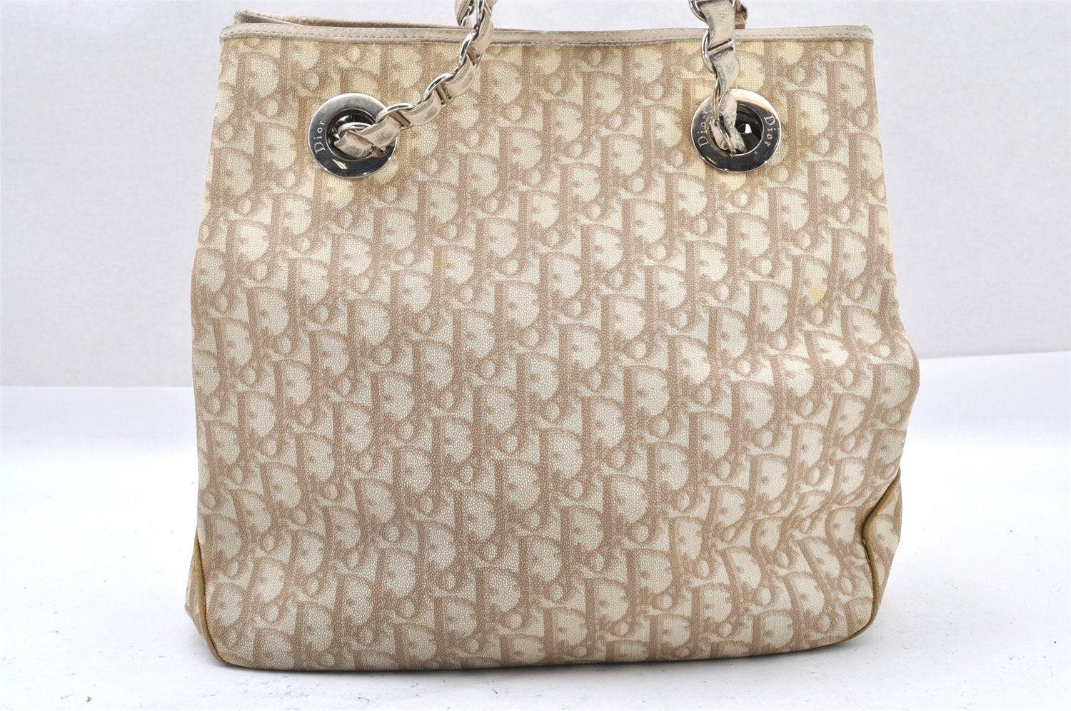 Authentic Christian Dior Trotter Romantic Tote Bag PVC Leather Beige 0206I