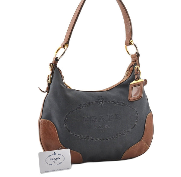 Authentic PRADA Denim Jacquard Denim Leather Shoulder Bag BR4622 Navy 0209G
