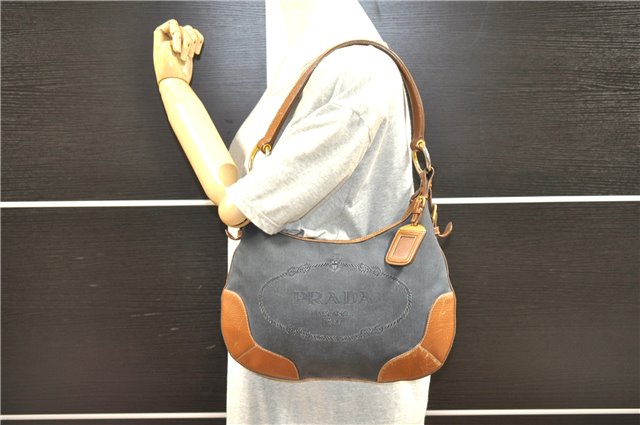 Authentic PRADA Denim Jacquard Denim Leather Shoulder Bag BR4622 Navy 0209G