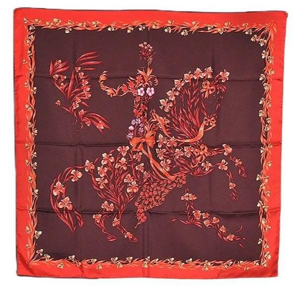 Authentic HERMES Carre 90 Scarf "Cheval Fleuri" Silk Red Box 0223F