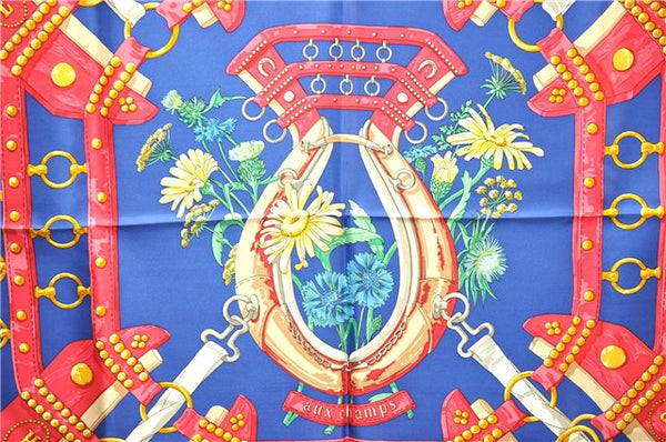 Authentic HERMES Carre 90 Scarf "aux champs" Silk Navy Box 0224F