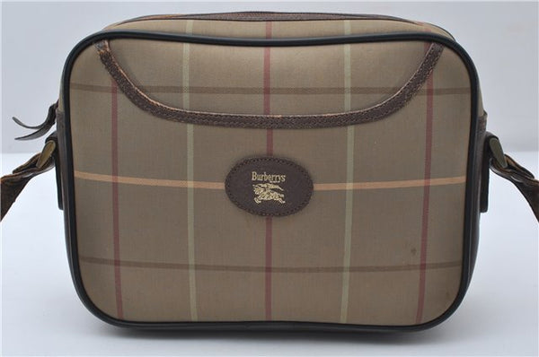 Auth Burberrys Check Shoulder Cross Body Bag Canvas Leather Khaki Green 0227E