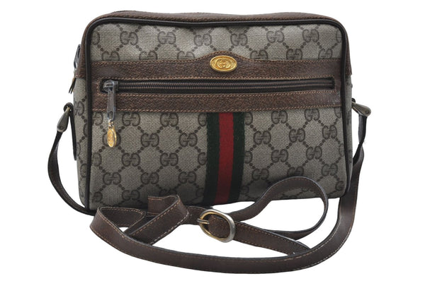 Authentic GUCCI Web Sherry Line Shoulder Cross Bag GG PVC Leather Brown 0228E