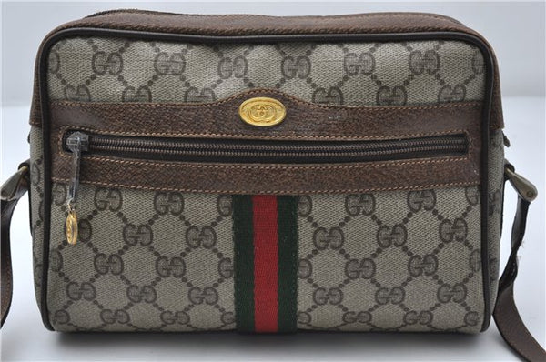 Authentic GUCCI Web Sherry Line Shoulder Cross Bag GG PVC Leather Brown 0228E