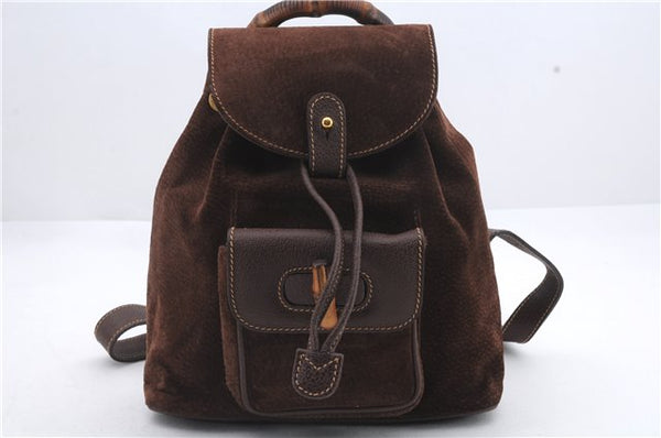 Authentic GUCCI Vintage Bamboo Backpack Suede Leather Brown 0230D