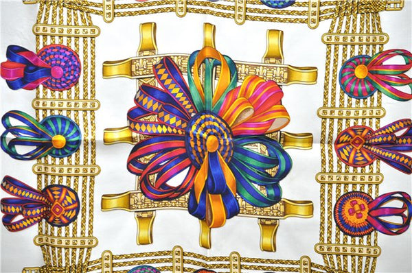 Authentic HERMES Carre 90 Scarf "LES RUBANS DU CHEVAL" Silk White 0231E