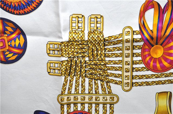 Authentic HERMES Carre 90 Scarf "LES RUBANS DU CHEVAL" Silk White 0231E