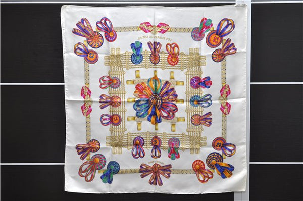 Authentic HERMES Carre 90 Scarf "LES RUBANS DU CHEVAL" Silk White 0231E