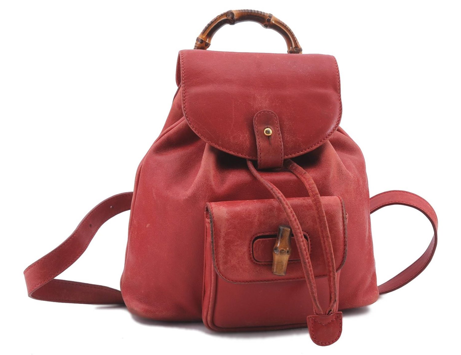 Authentic GUCCI Bamboo Backpack Leather 0031705 Red 0235D