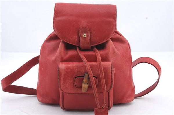 Authentic GUCCI Bamboo Backpack Leather 0031705 Red 0235D