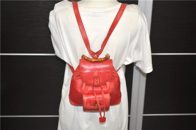 Authentic GUCCI Bamboo Backpack Leather 0031705 Red 0235D