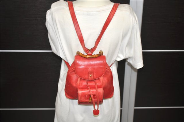 Authentic GUCCI Bamboo Backpack Leather 0031705 Red 0235D