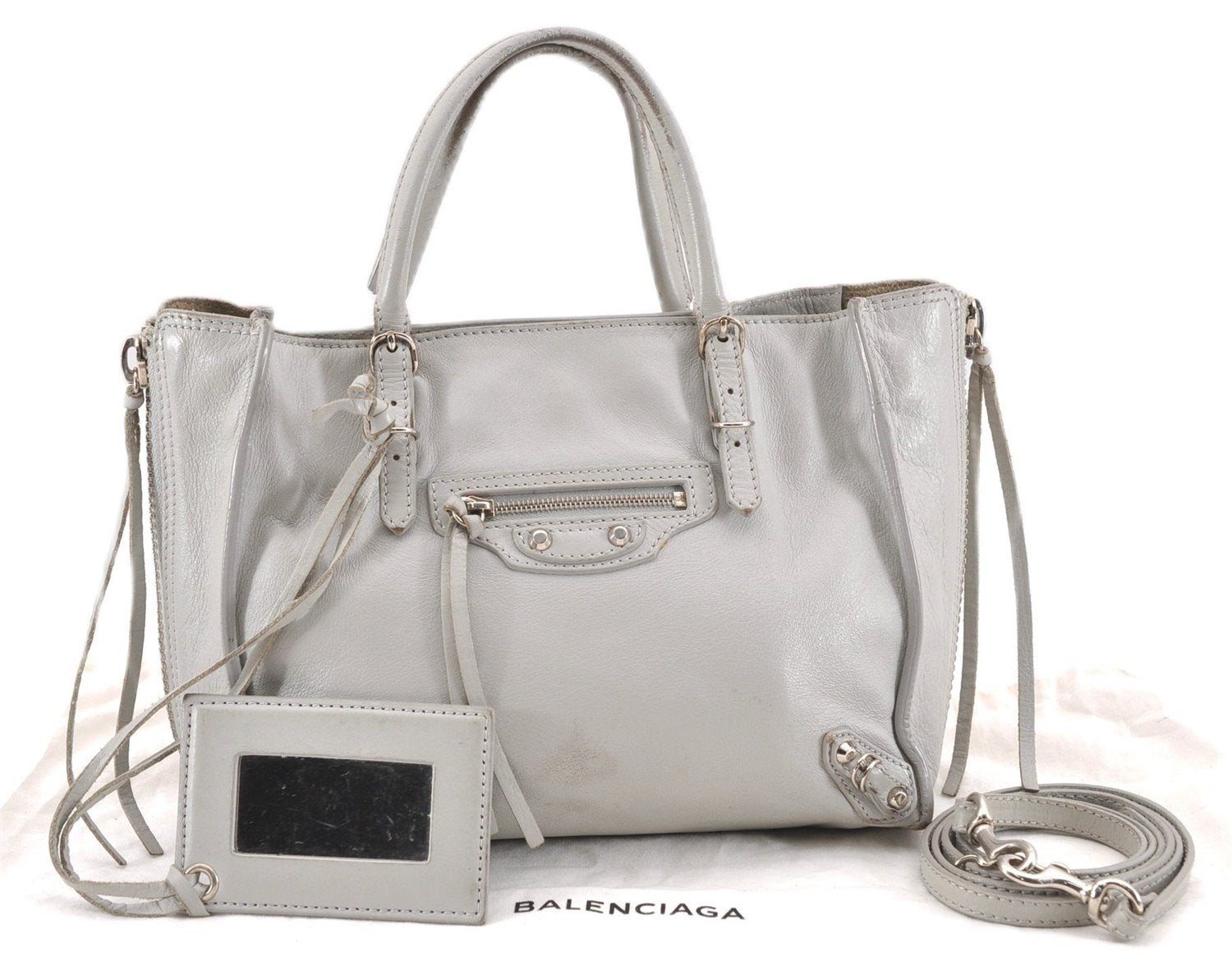 Authentic BALENCIAGA Papier Mini 2Way Hand Bag Leather 305572 Light Gray 0236G