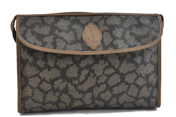 Authentic YVES SAINT LAURENT Clutch Bag Purse PVC Leather Gray Beige 0240D