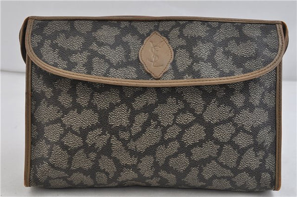 Authentic YVES SAINT LAURENT Clutch Bag Purse PVC Leather Gray Beige 0240D