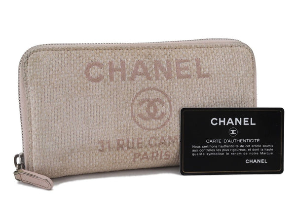 Authentic Chanel Deauville Line Canvas Round Fastener Long Wallet Pink 0241B