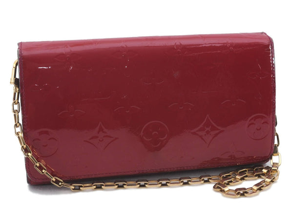 Auth Louis Vuitton Vernis Portefeuille Sarah Chain Wallet Pink M90087 LV 0243D