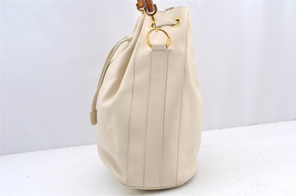 Authentic GUCCI Bamboo 2Way Shoulder Drawstring Bag Leather White Junk 0250I