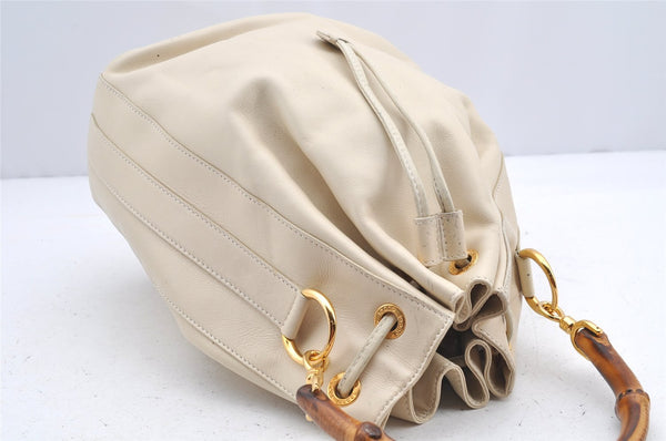Authentic GUCCI Bamboo 2Way Shoulder Drawstring Bag Leather White Junk 0250I