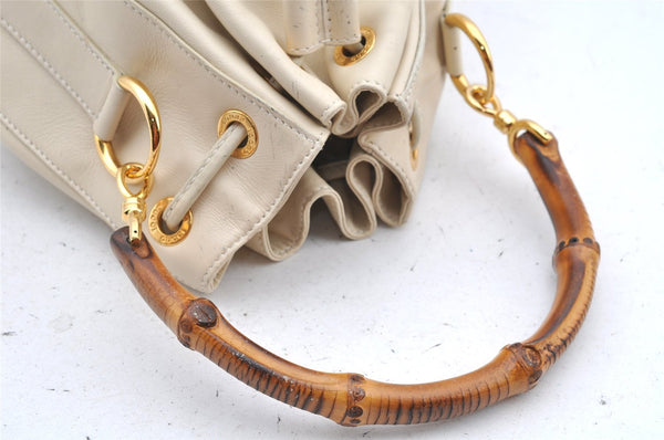 Authentic GUCCI Bamboo 2Way Shoulder Drawstring Bag Leather White Junk 0250I