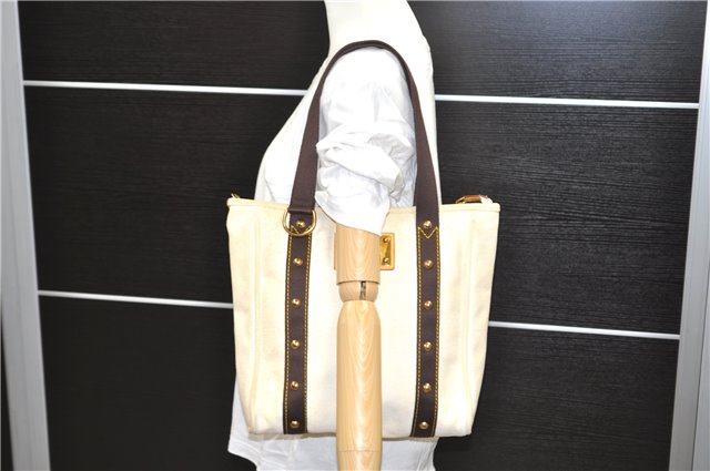 Authentic Louis Vuitton Antigua Cabas MM Tote Bag White Brown M40036 LV 0253D